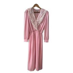 Vintage 70s Coco California Lace Collar Long Sleeve Dress Pink